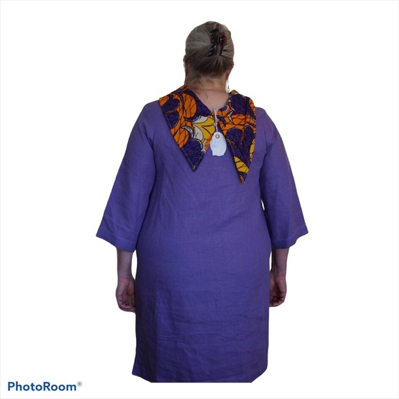 Dress Handcrafted Heavy Weight Purple Linen African Print Cowl-neck Size 2X - Picture 5 of 5